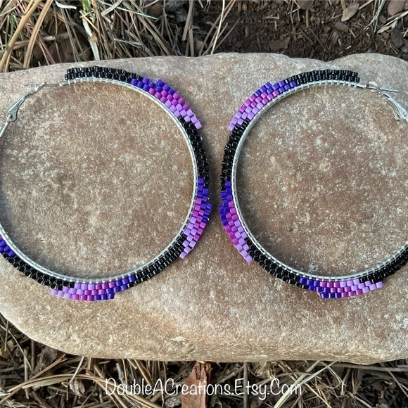 Purple Wave Beaded Hoops, New, Handmade by Me - Picture 7 of 8